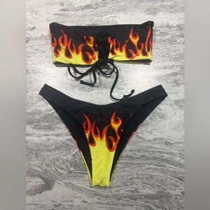 Flame Print Bandeau Bikini Set - Black & Yellow